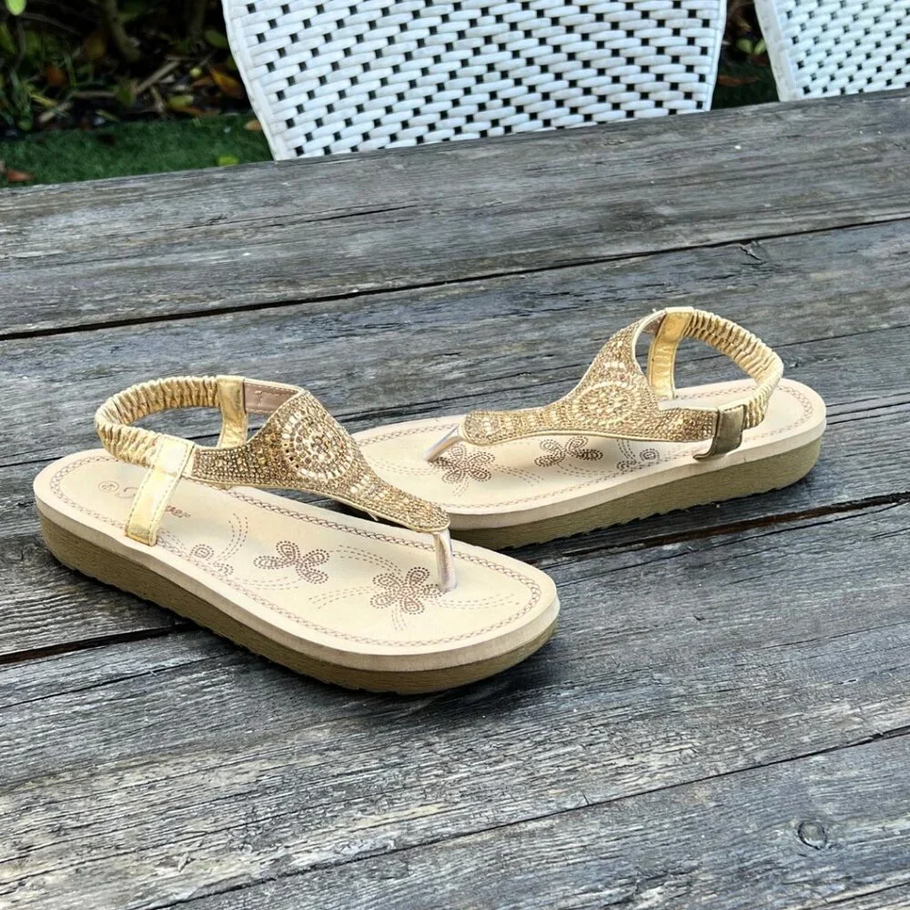 Forever Thong Sandals Gold Rhinestones 6 1/2